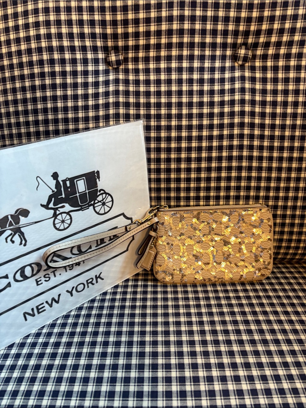 Coach Poppy signature Gold Sequin Wristlet with Leather Strap rare